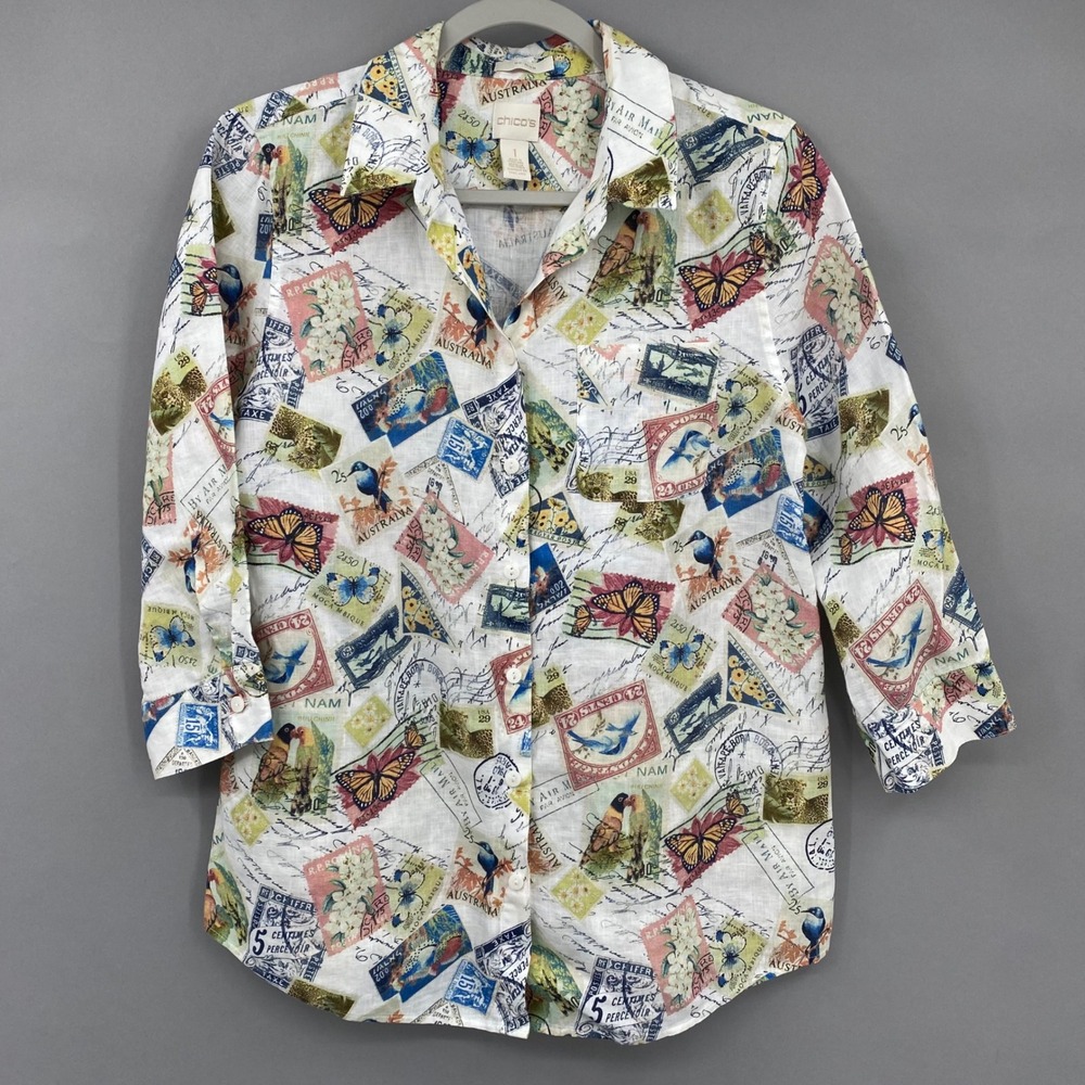 Chicos Linen Postage Stamp Print Shirt Womens 1 White Wildlife Butterfly Bird M